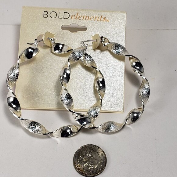 Silver Tone Polished & Textured design Big Twisted Hoop Earrings - Stylish Women - Picture 5 of 6